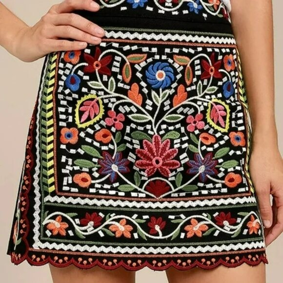 Lulus Multicolor Boho Don’t Stop The Party Embroidered Black Mini Skirt Sz XS - Picture 3 of 9